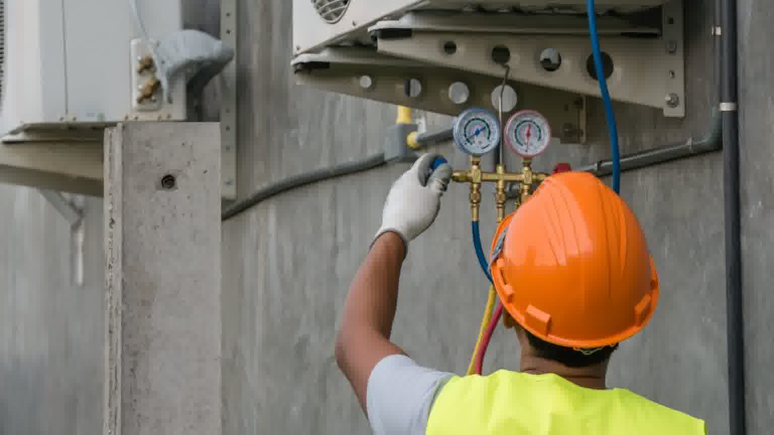 HVAC technician wearing safety gear checks refrigerant pressure using manifold gauges on a mini-split condenser unit outside.