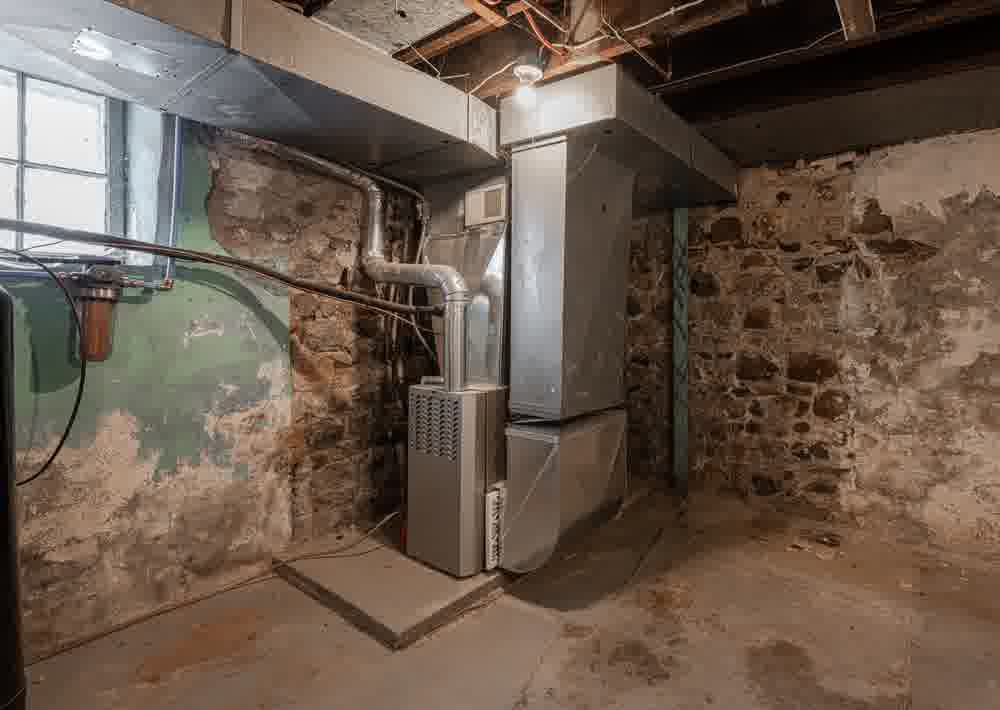 Old basement furnace unit with exposed ductwork, stone walls, and unfinished ceiling in a historic home utility room with poor lighting.